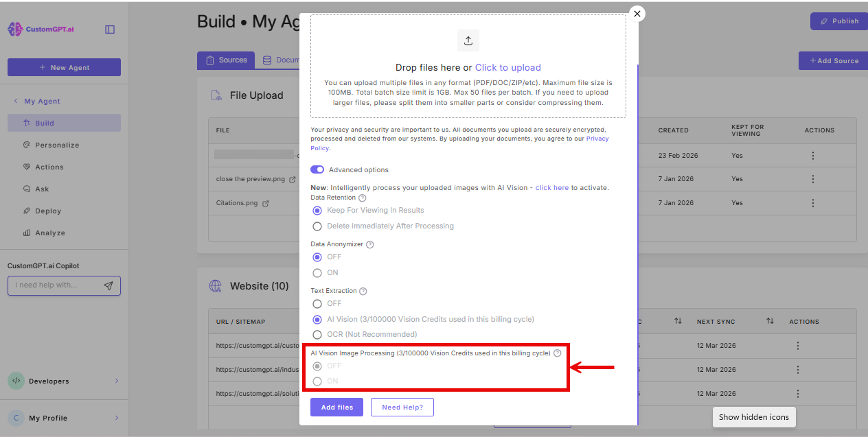 screenshot of AI Vision option on the upload files modal
