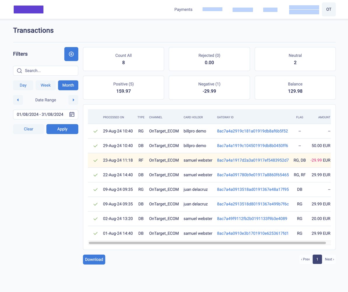 The transactions list