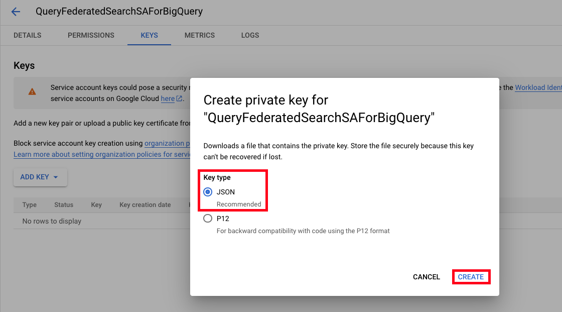 FIG. 7 - Creating a JSON private key for a GCP Service Account