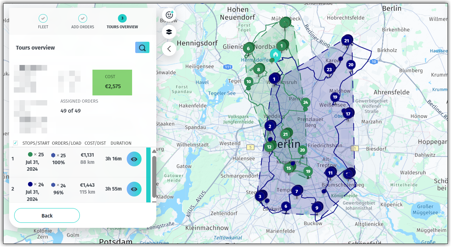 Tour planning solution without tieBreak objective showing overlapping tours