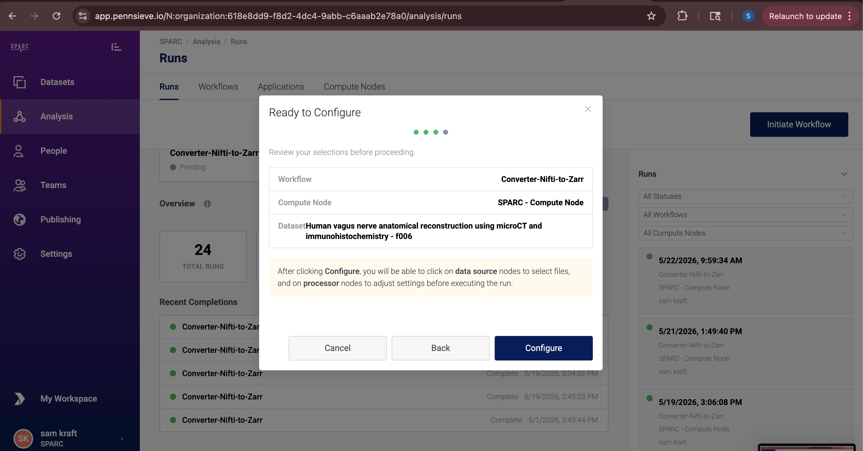 Configure run page in Pennsieve