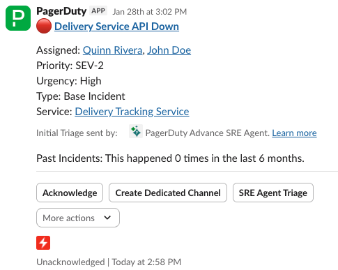 A screenshot of the Slack UI detailing a PagerDuty incident notification