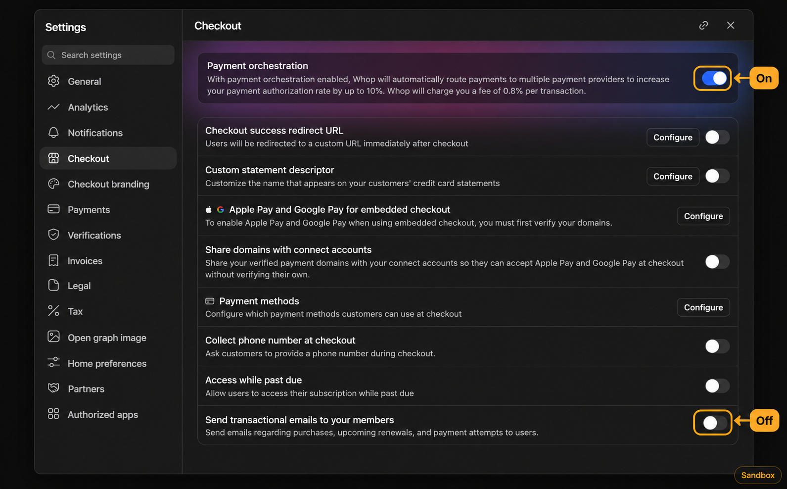 Sandbox Checkout settings