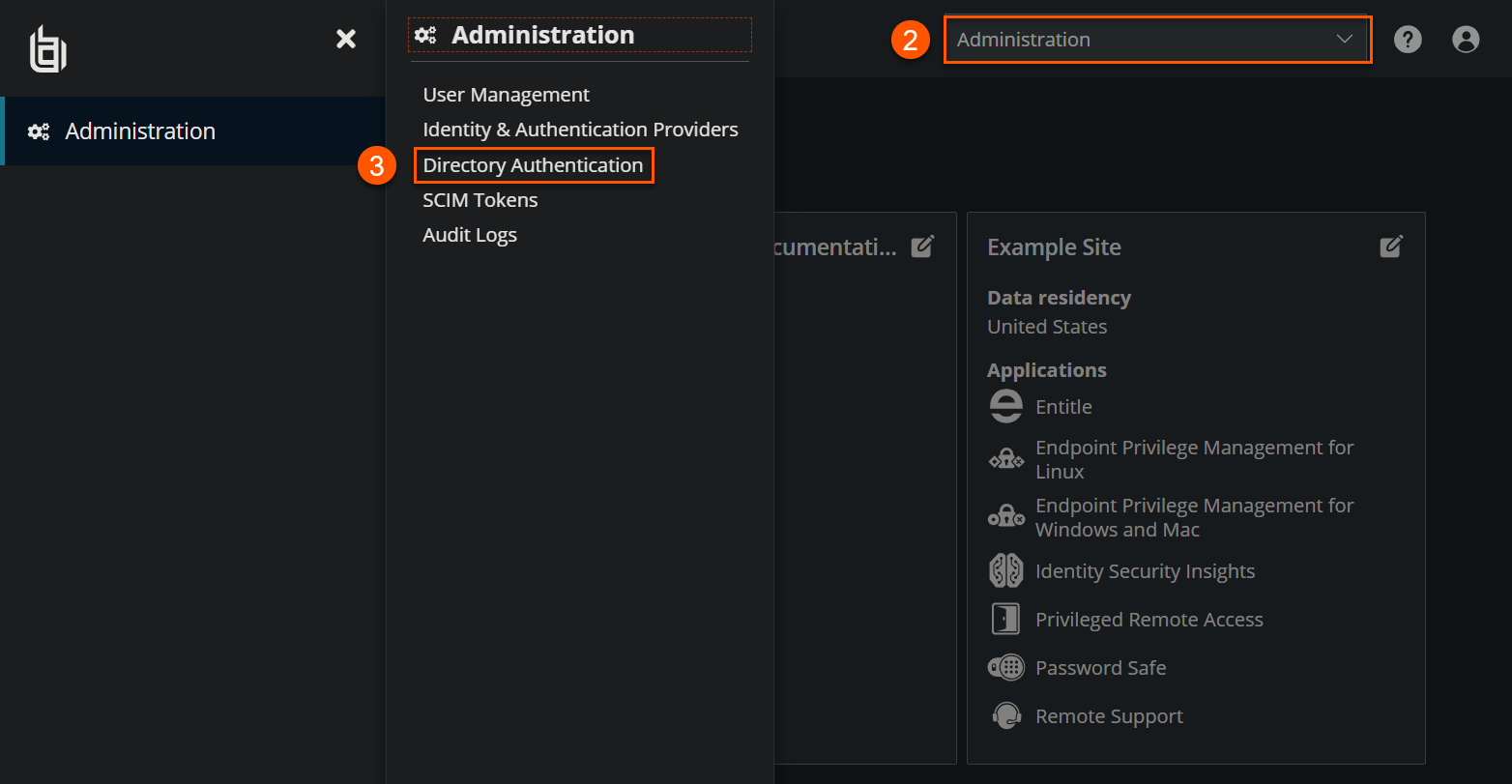 Navigation menu with Administration expanded and Directory Authentication selected.