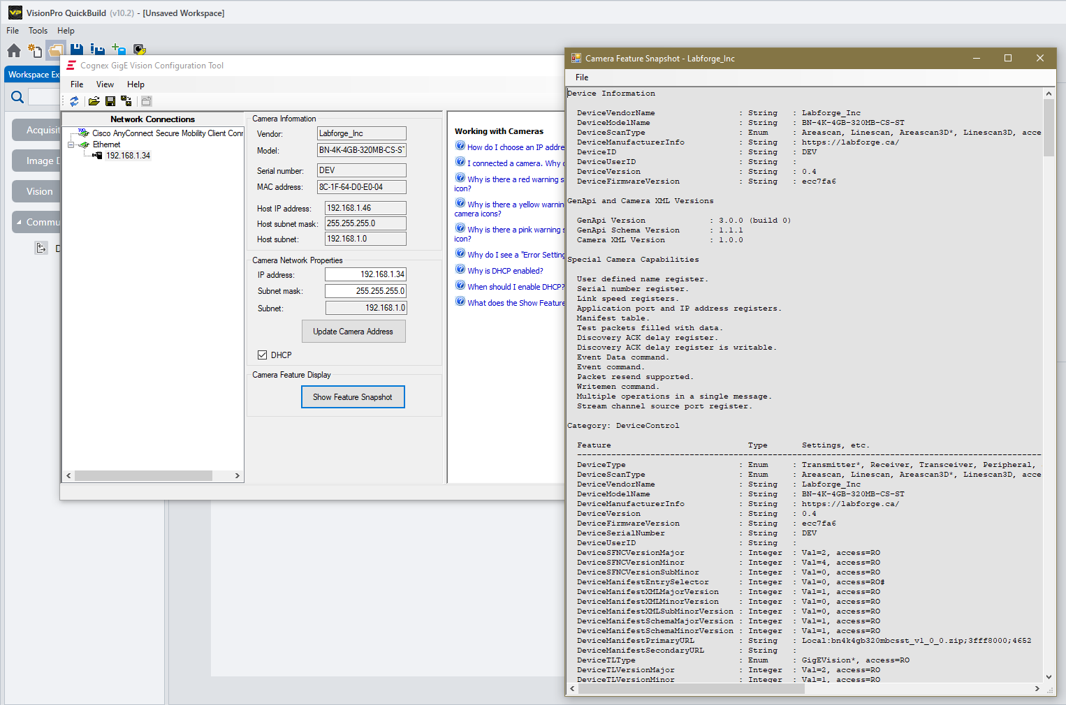 Cognex VisionPro QuickBuild 10.2 GigE Vision Configuration Tool showing properties of a connected Bottlenose camera.

