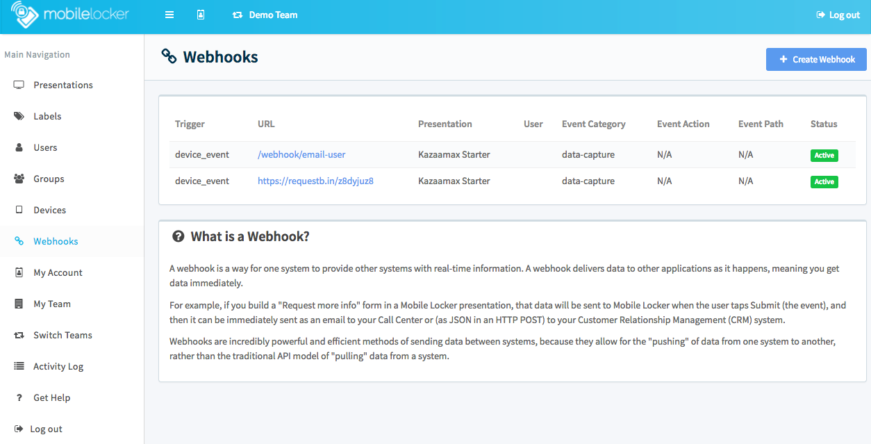 Create webhooks in the admin portal.