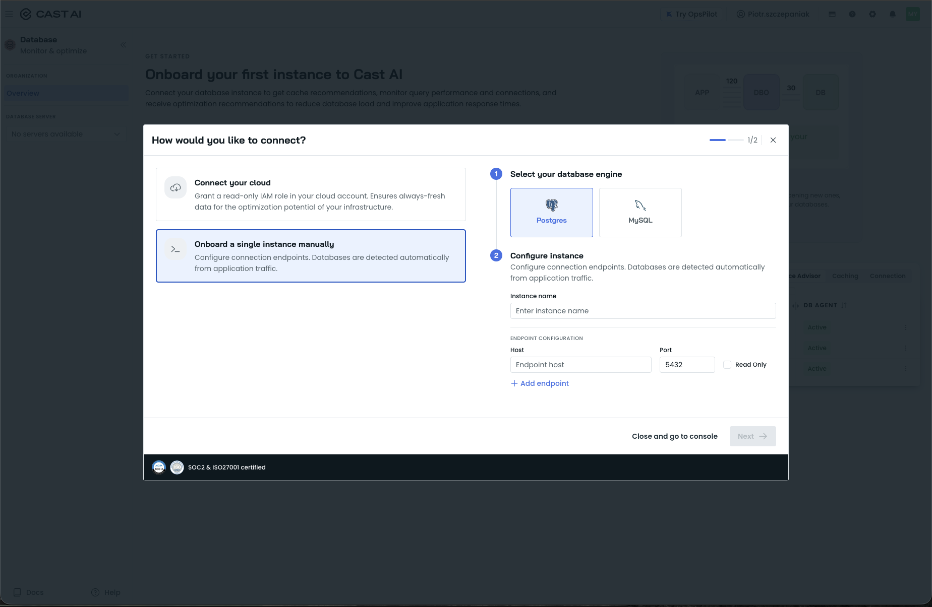 How would you like to connect? dialog with the manual onboarding form: engine selection, instance name, and endpoint configuration