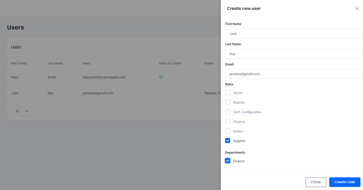 Screenshot of the Create new user form