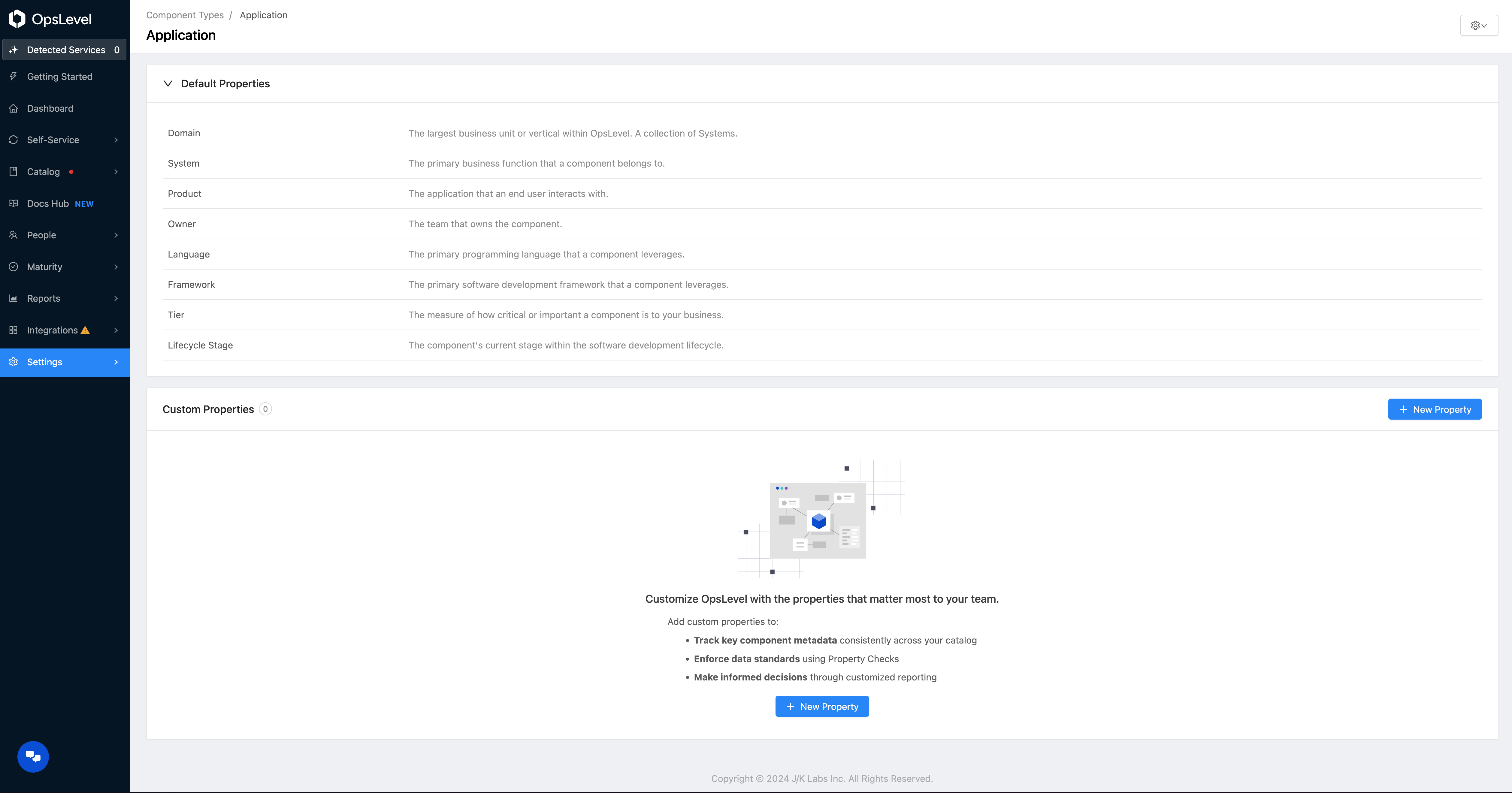 Component Type Property Definitions page with no custom properties defined.