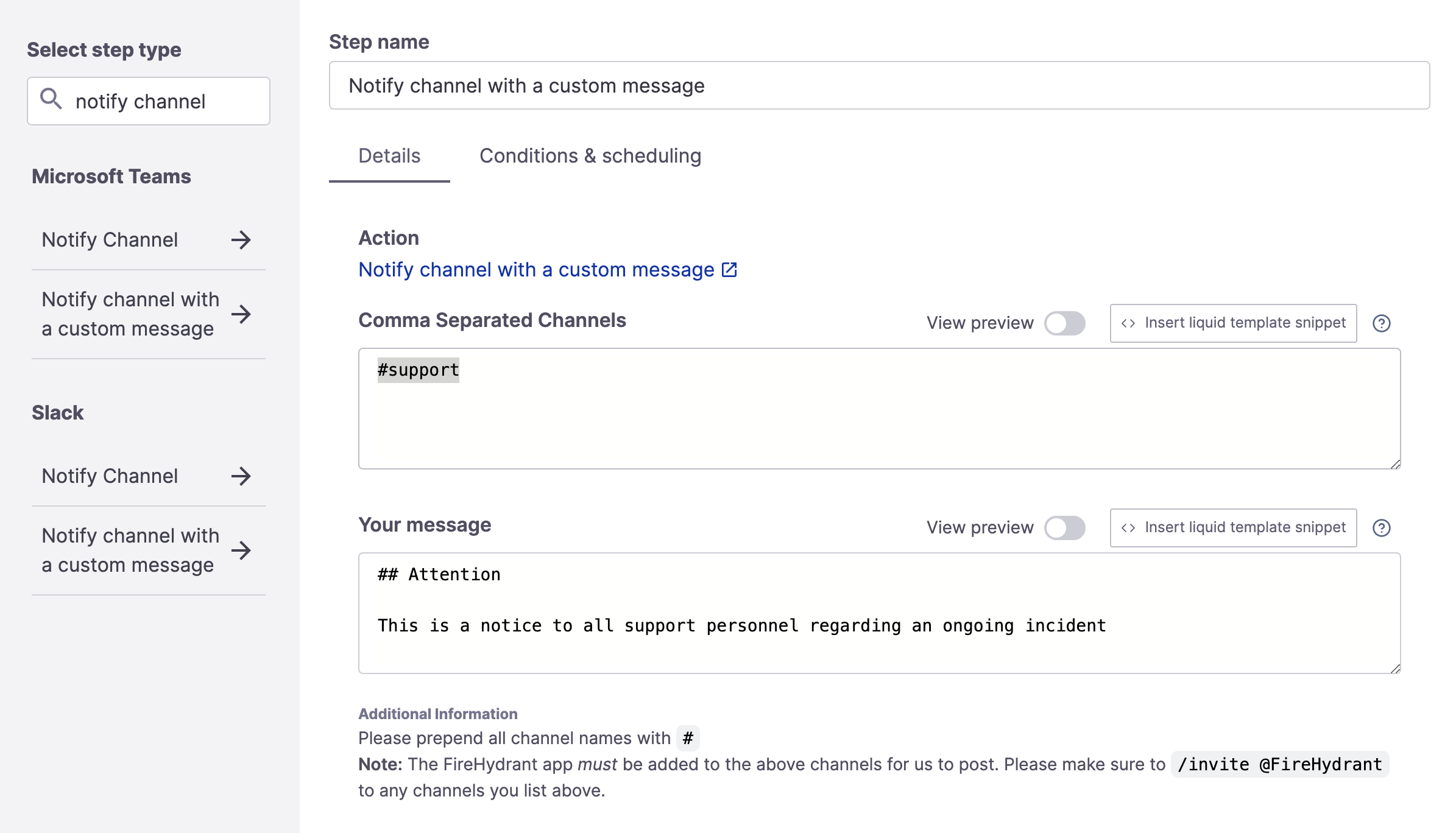Notify channel with a custom message step