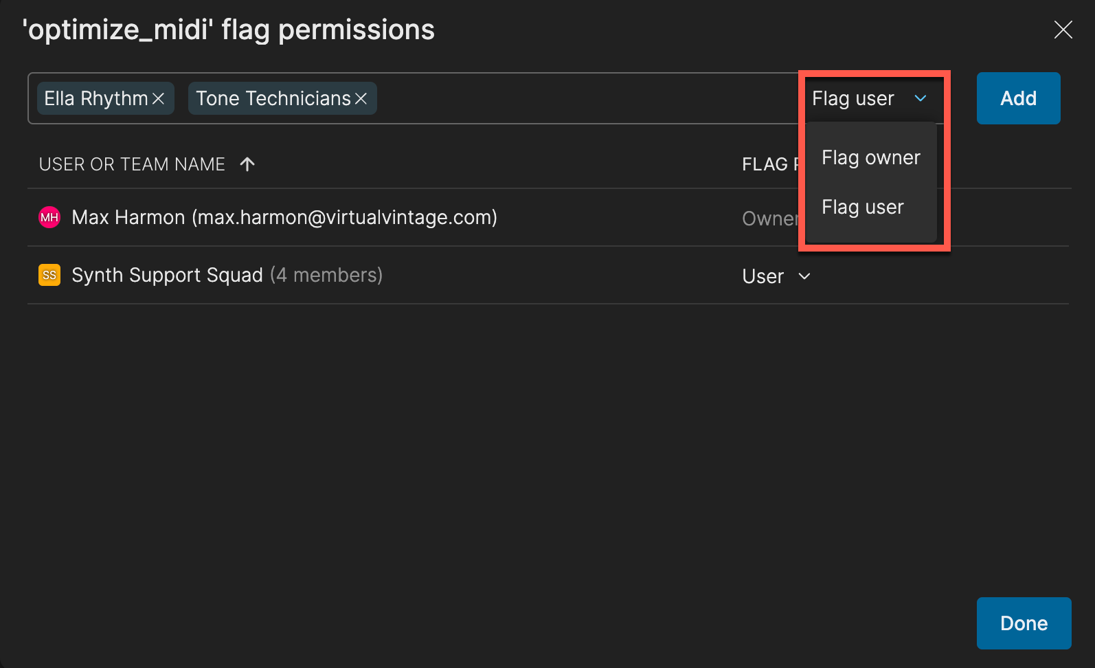 The flag permissions screen for an example flag in Atono, showing a dropdown to assign 'Flag owner' or 'Flag user' permission to selected users and teams.