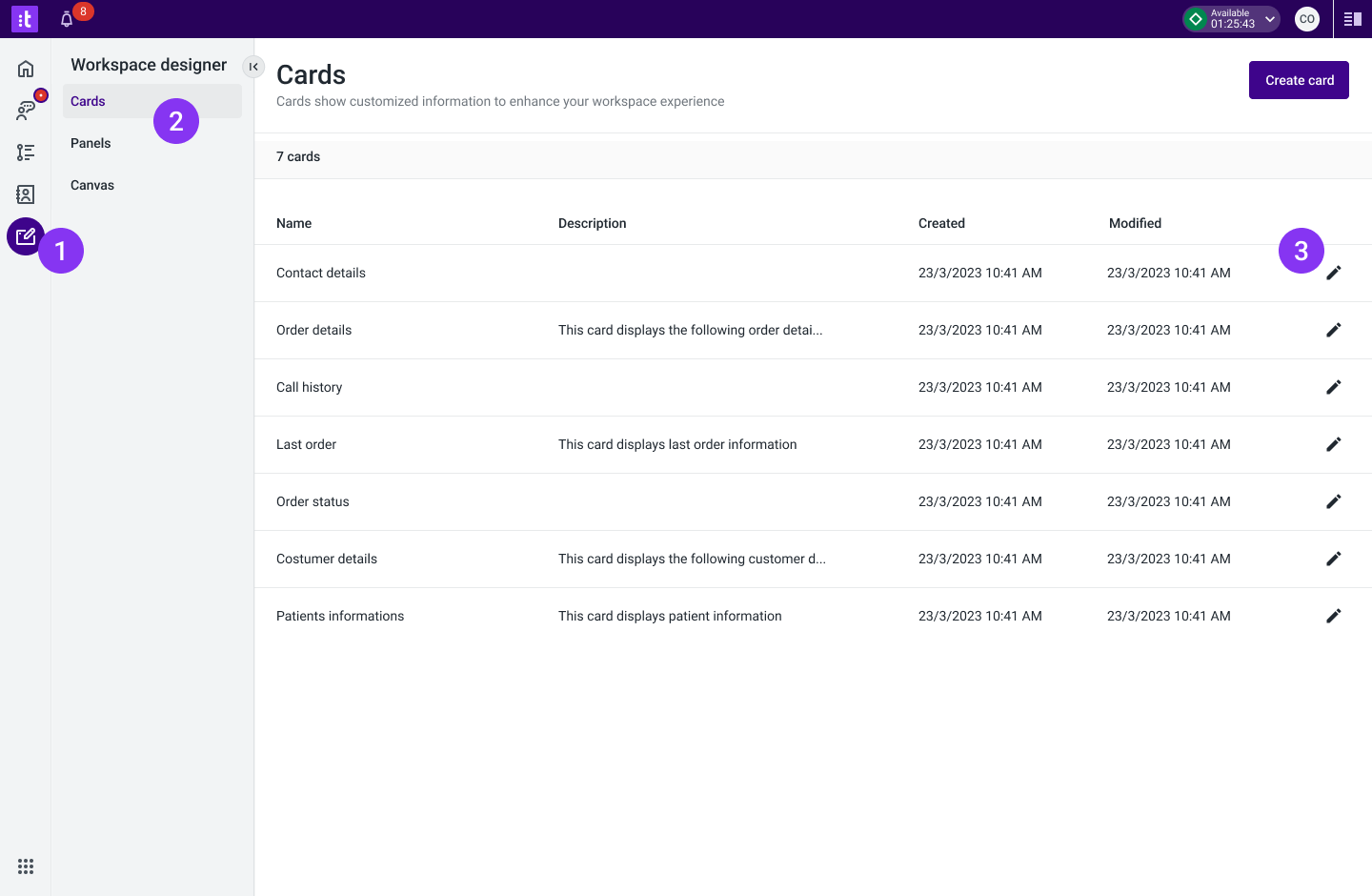 Figure 3 - Cards list in Workspace Designer