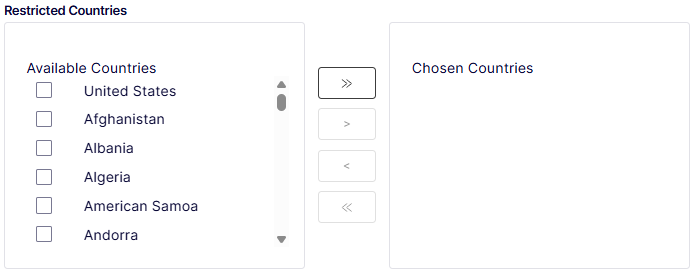 Restricted Countries dual-list control with Available Countries and empty Chosen Countries panels