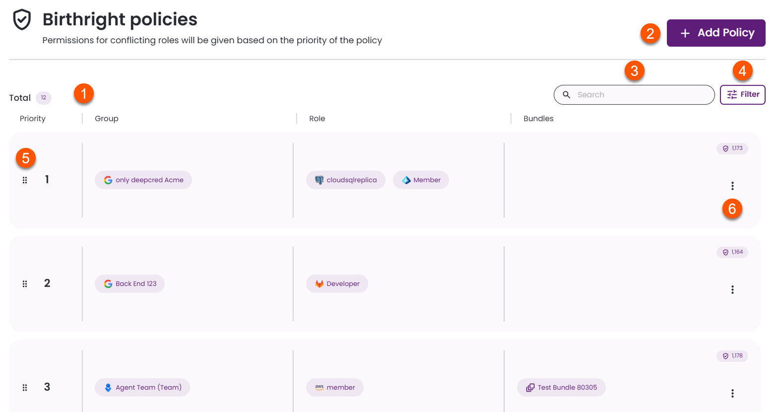 Birthright policies screen overview