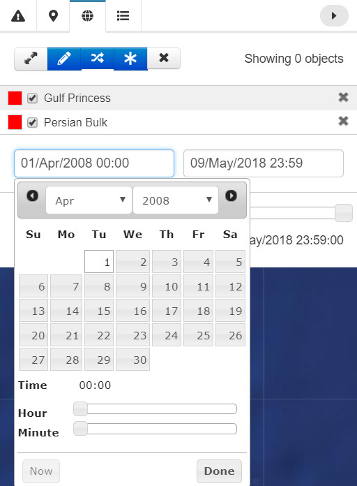 Enter the date you'd like to get tracking positions from/to and press "Done" each time.