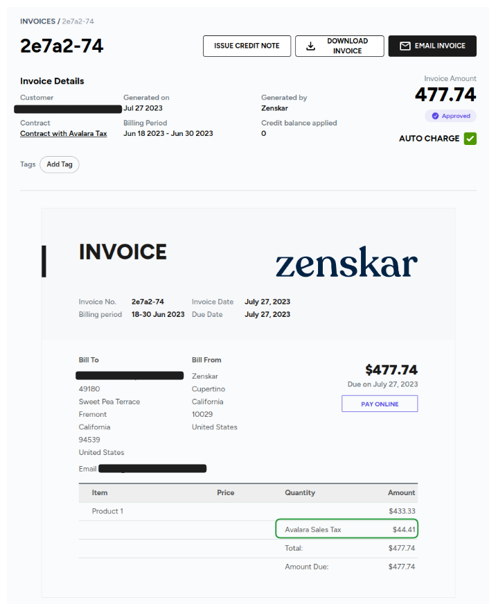 Fig. 5: A sample invoice with **Avalara Sales Tax** line item.