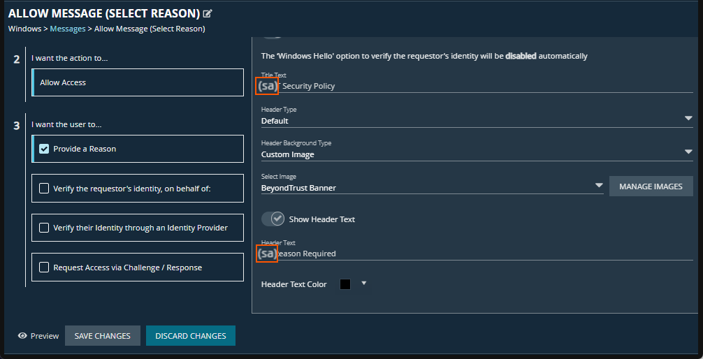 Allow Message configuration page showing Sanskrit placeholders with (sa) prefix on Title Text and Header Text fields