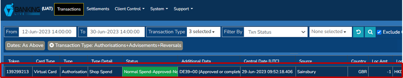 Transaction screen: transactions