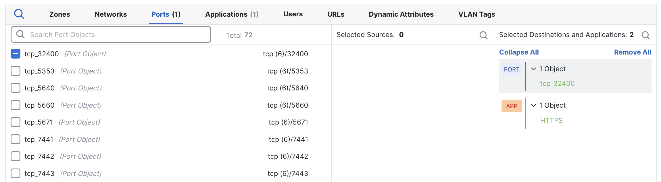 In the FMC, a custom port has been added for an application rule, overriding the application default ports.