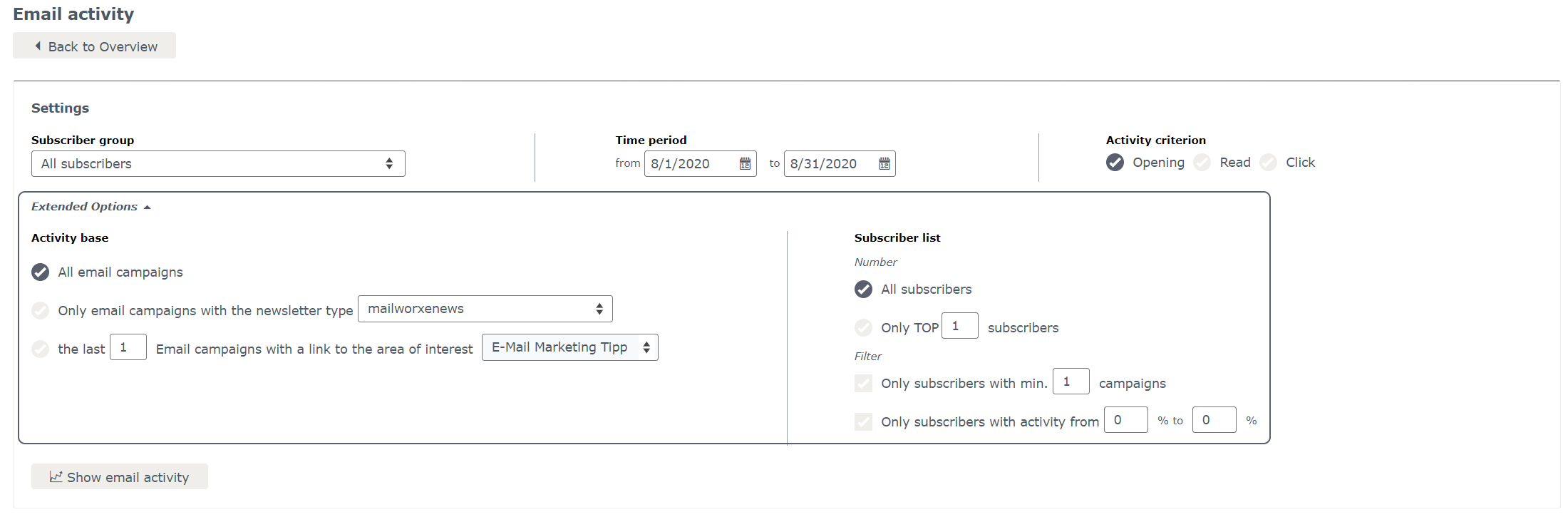 Email activity actions Email activity actions
