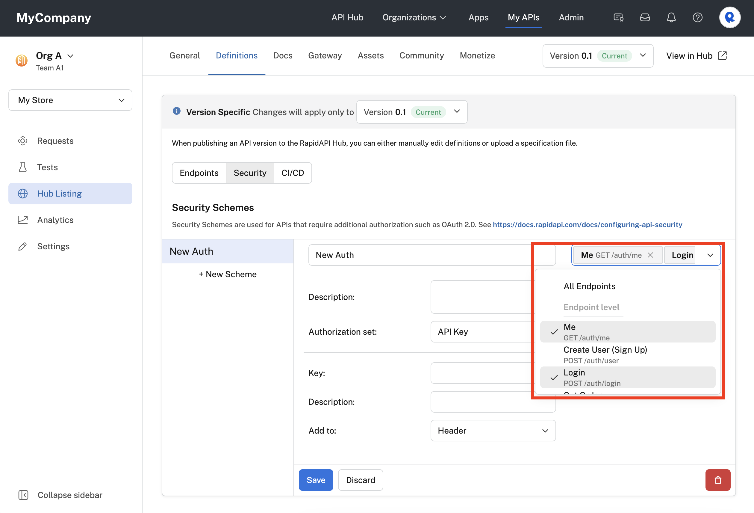 Applying the security scheme to two of the APIs endpoints.