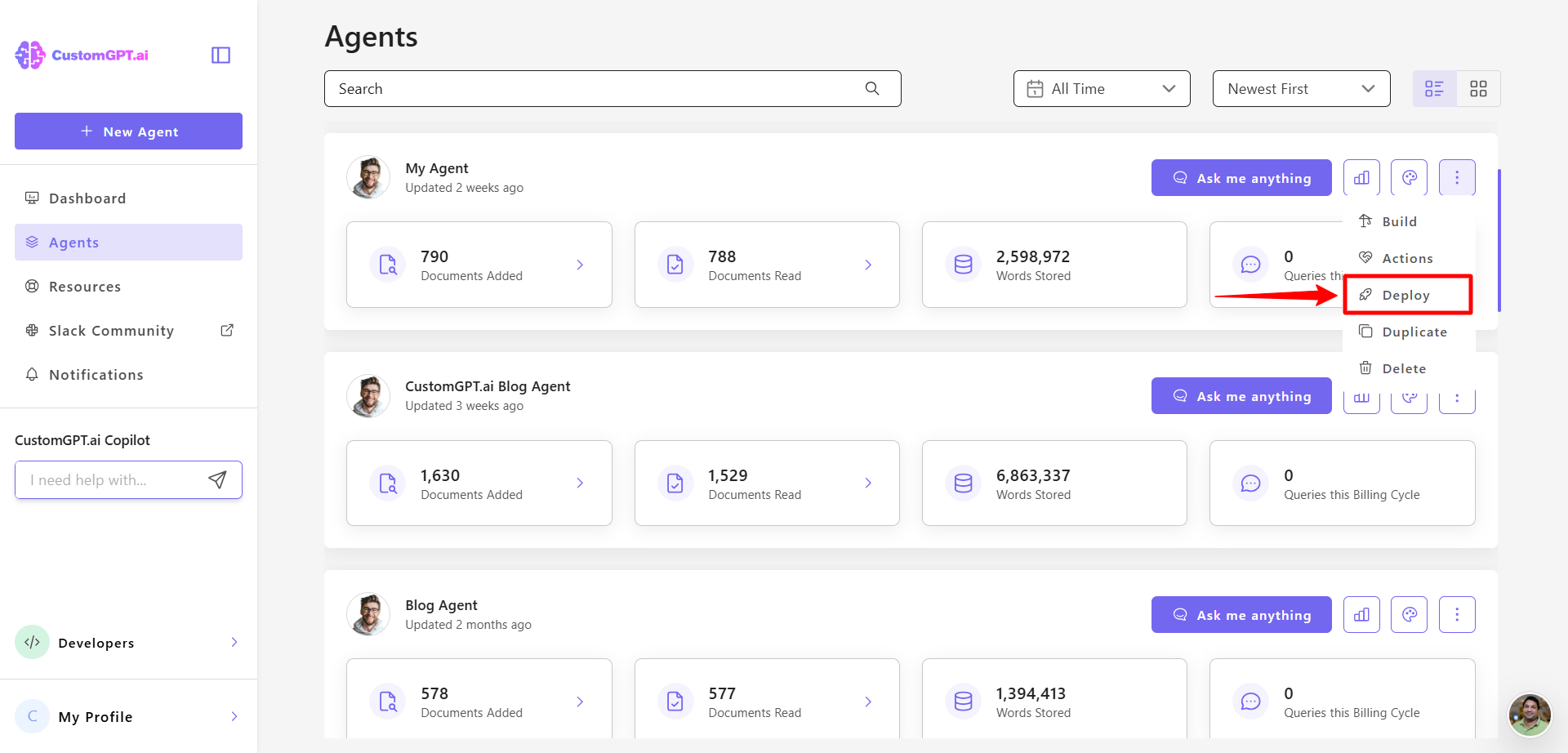 Agent dashboard with deploy option