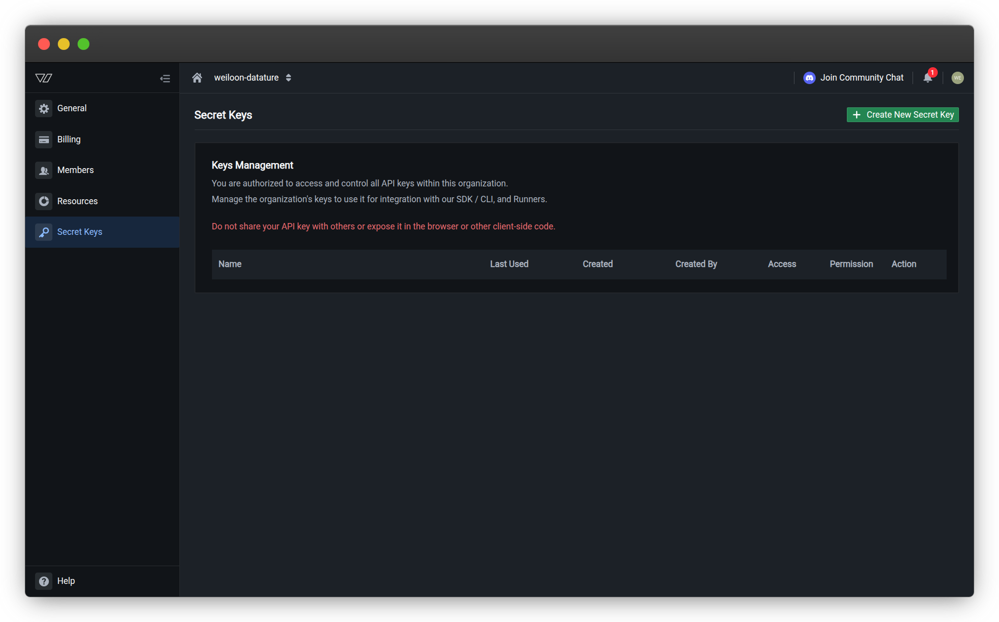 Secret Keys management page