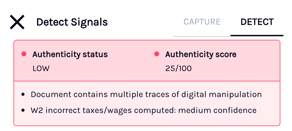 Authenticity score as shown in the **Detect** details tab. The document received a score of 40. Reason codes are listed below the score.