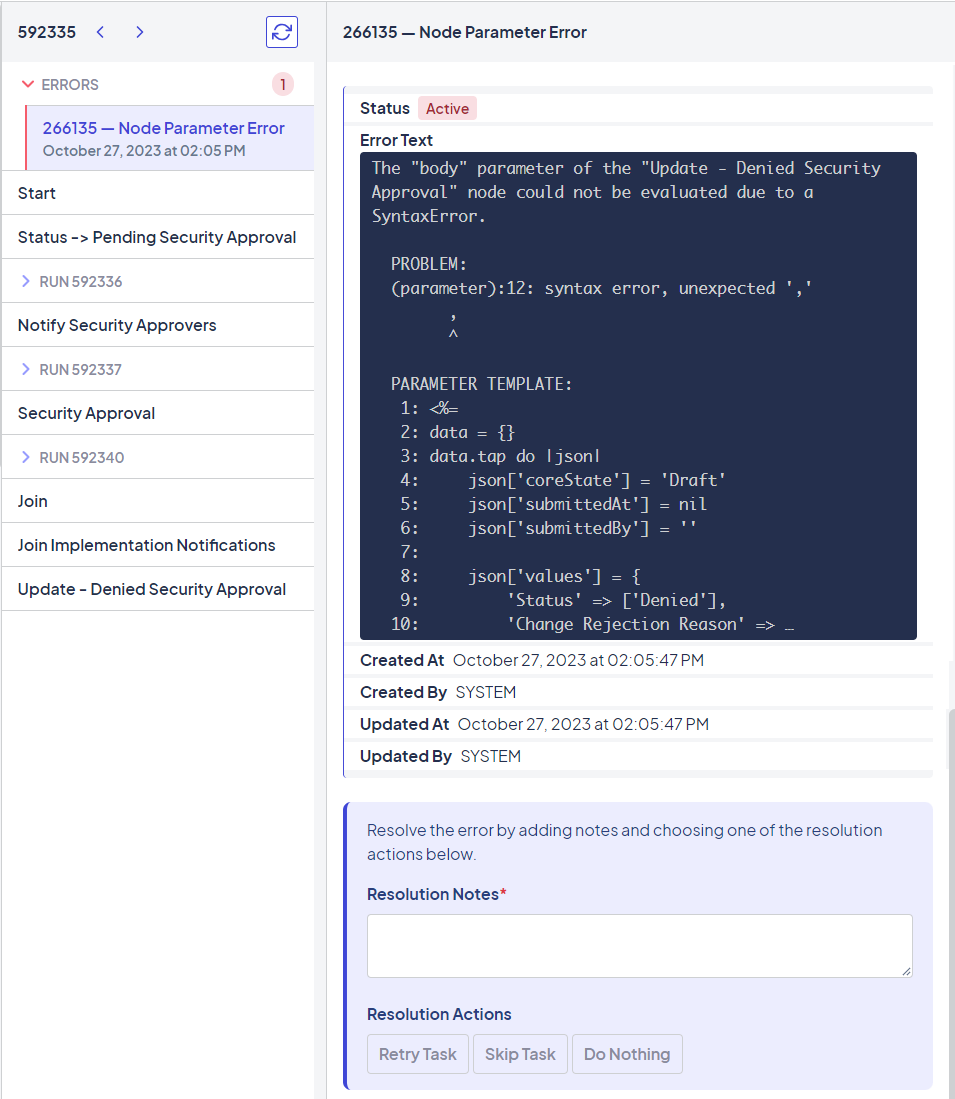 Example of an error in a workflow node and the available resolution options