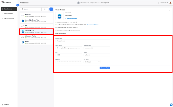 Selecting the existing data source to modify and viewing its connection field values