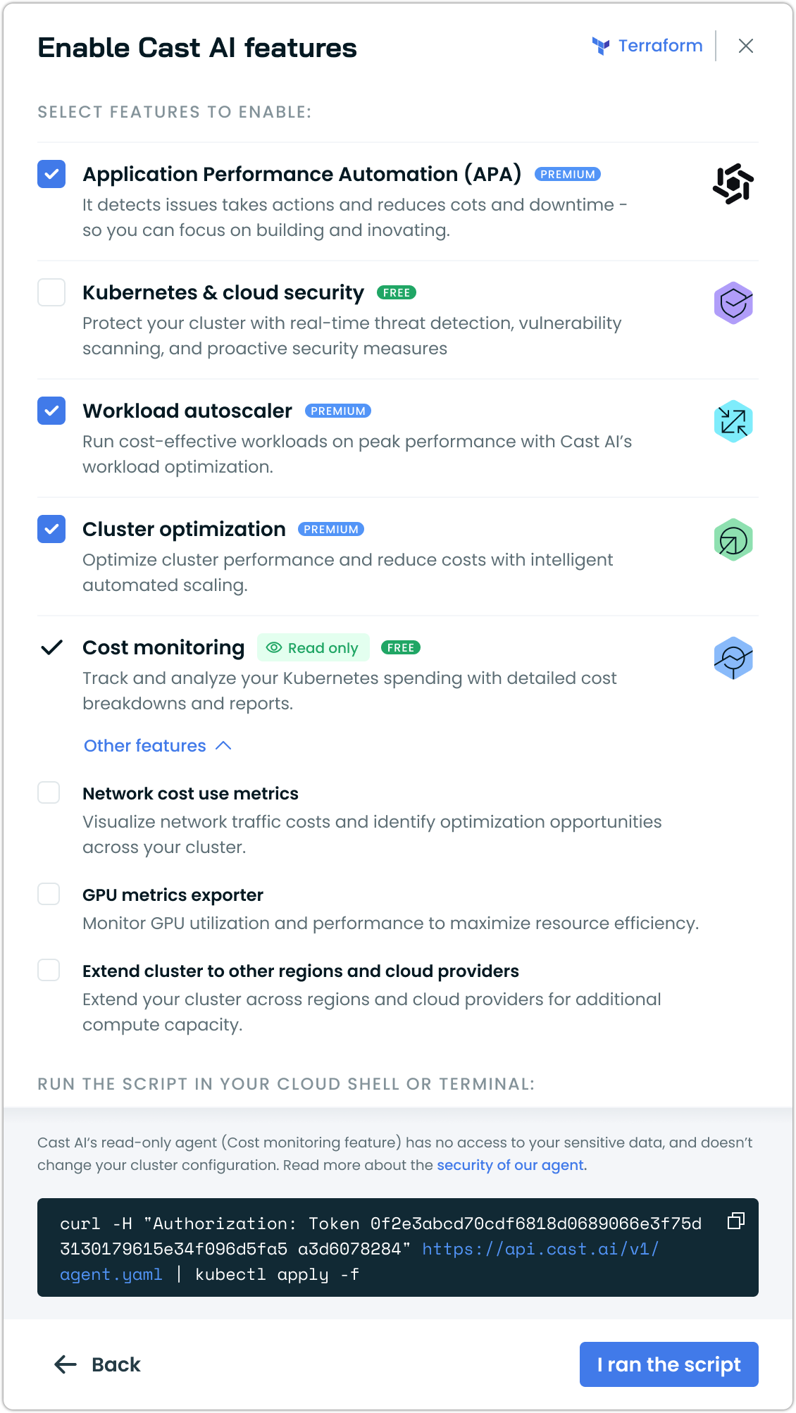 Enable Cast AI features dialog with APA selected