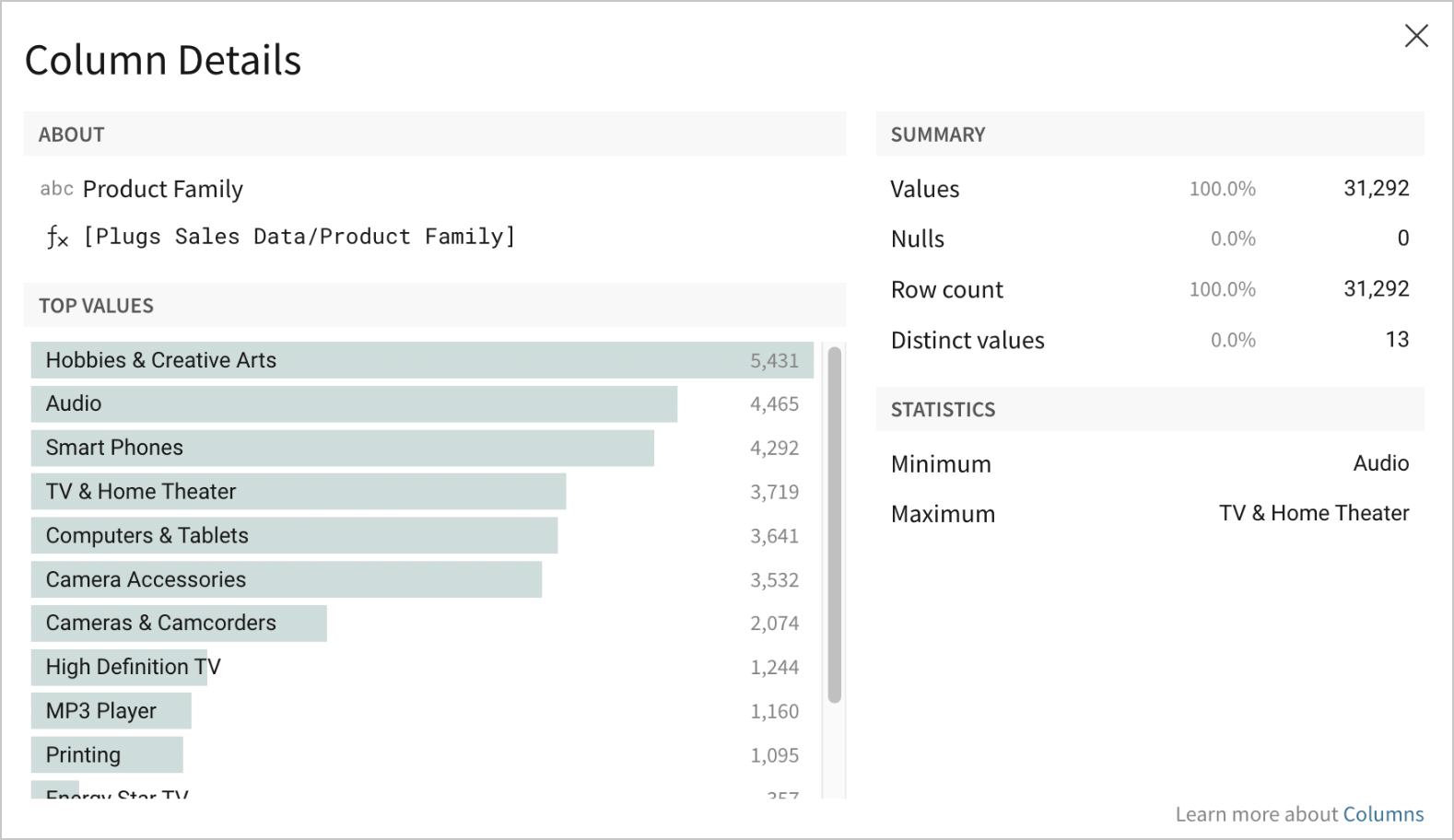 Image shows an example column details modal, with basic column data, top values section, summary section, and statistics section.