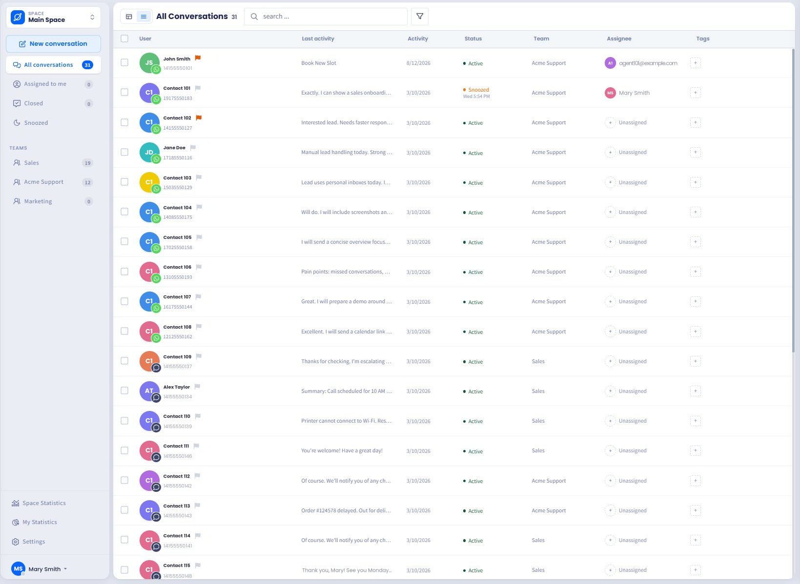 Screenshot of the Inbox in table layout showing conversation rows with the User, Last activity, Activity, Status, Team, Assignee, and Tags columns