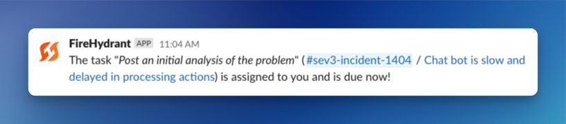 Example Slack DM from FireHydrant about a due Task