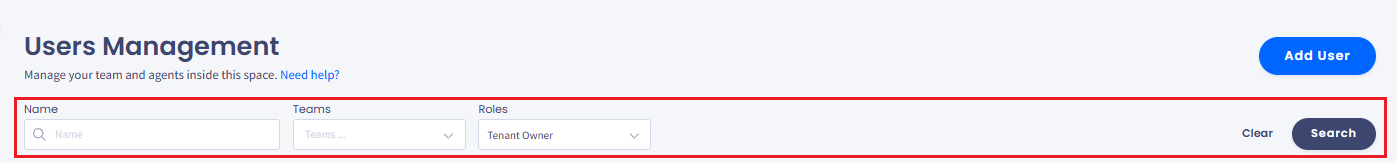 Screenshot of the fragment of the 'Users Management' page with the highlighted 'Search' sections including the search fields and 'Search' and 'Clear' buttons.