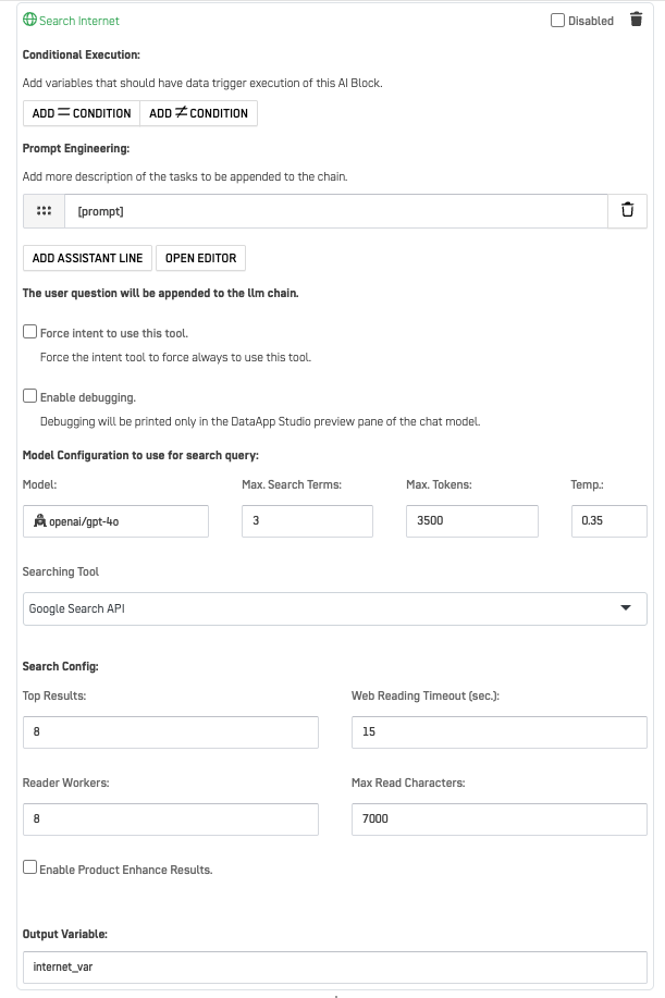 Internet Search Engine – tool saved and added to workflow