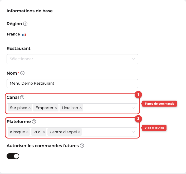 La section Informations de base d'un catalogue, avec le champ Canal renseigné en Sur place, Emporter et Livraison, et le champ Plateforme en Kiosque, POS et Centre d'appel