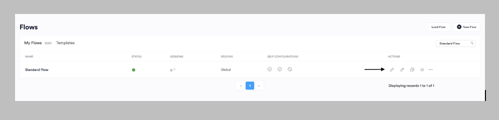 A view from within the Flow's tab view.  A single flow is displayed.  The arrow points to the flow ribbon.  The flow ribbon contains tools to for interacting with your flow.