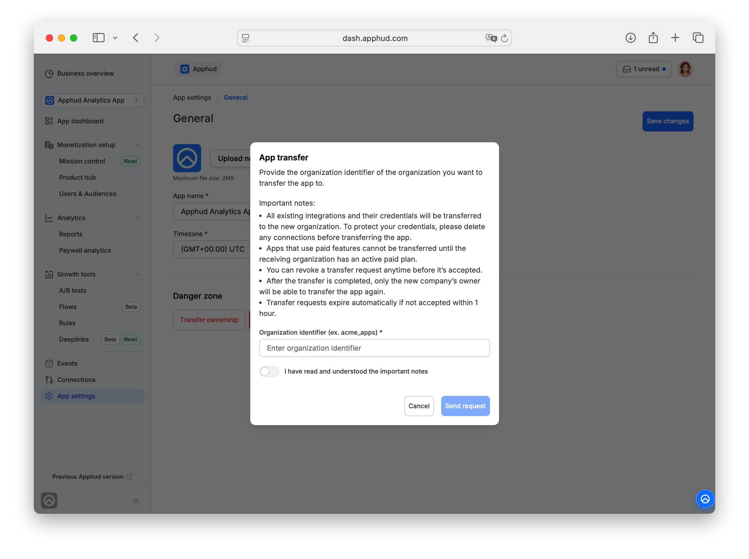 App transfer modal