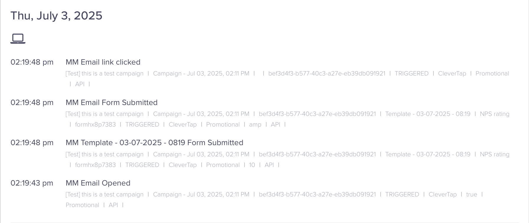 CleverTap dashboard showing tracked custom events