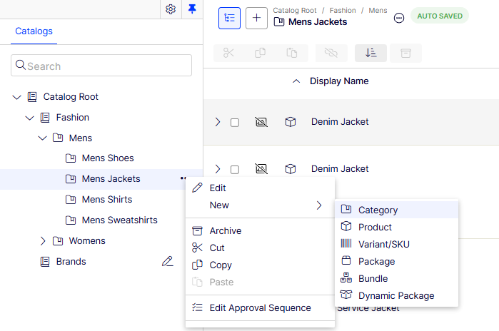 Screenshot of the catalog tree context menu displaying options to create a catalog entry.