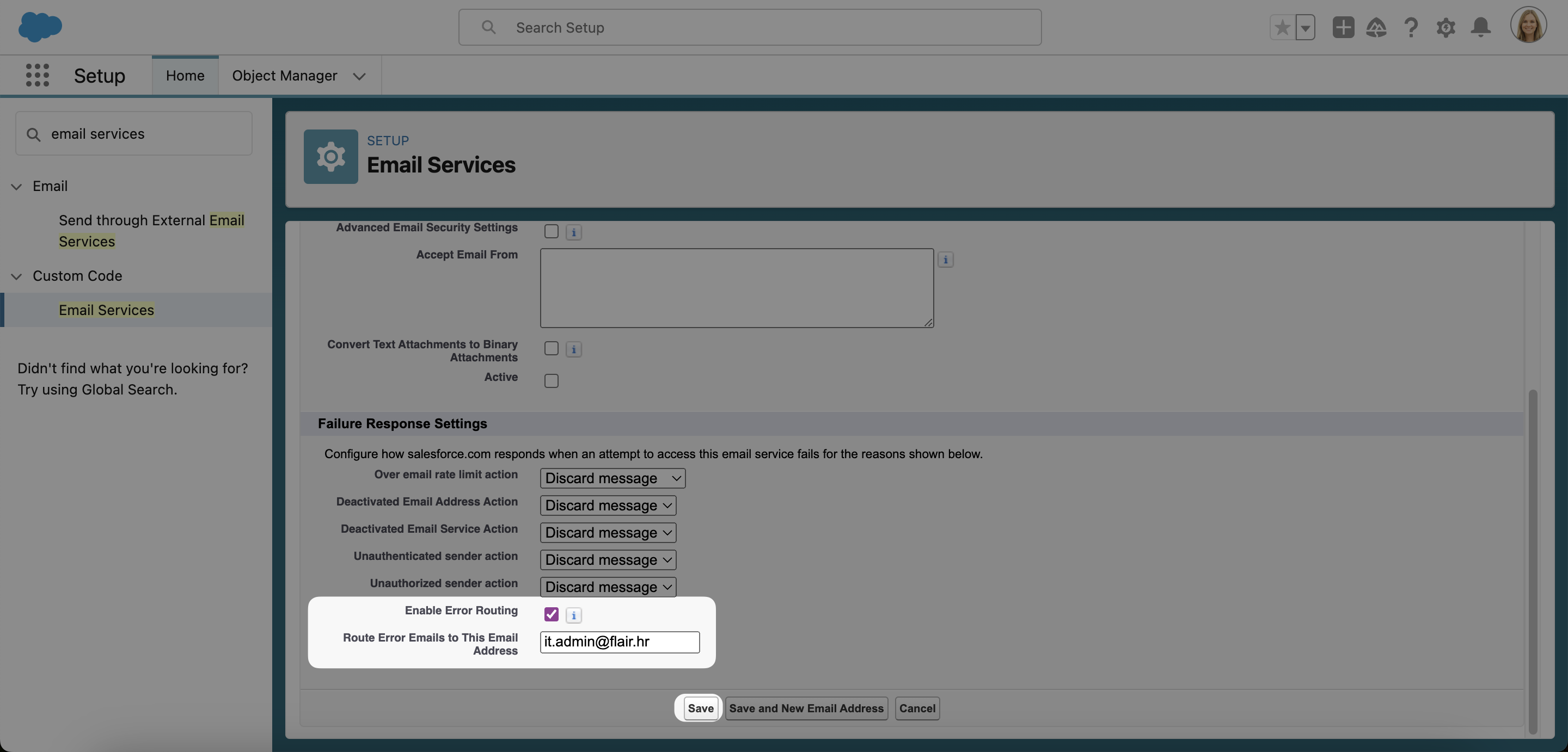 Setting up error routing for your Salesforce email service