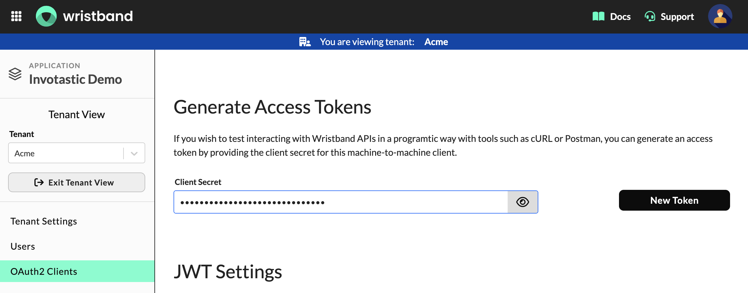 Generate Access Tokens section on the Edit Client page for a tenant-level M2M client showing the Client Secret field and New Token button.