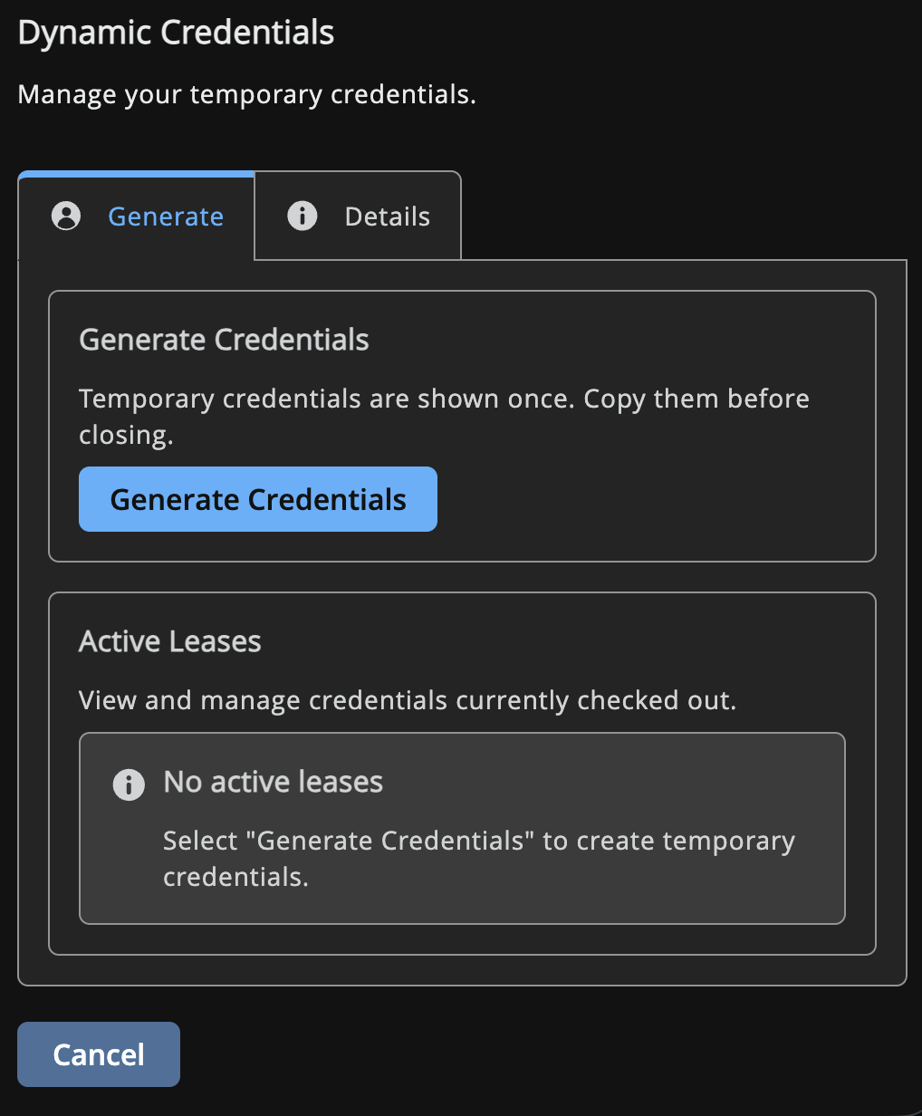 Dynamic Credentials Generate tab with a Generate Credentials button and no active leases.