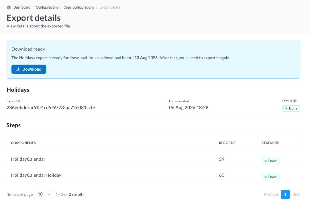 Screenshot showing the export details screen