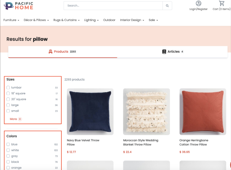 Search results showing relevant pillow variants selected by SKU Select