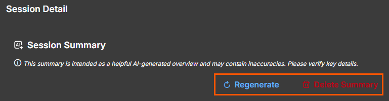 Image of the Regenerate and Delete Summary links.