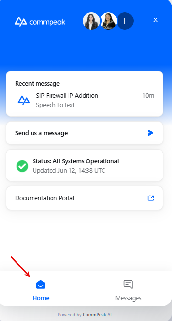 Screenshot of the Support widget Home page