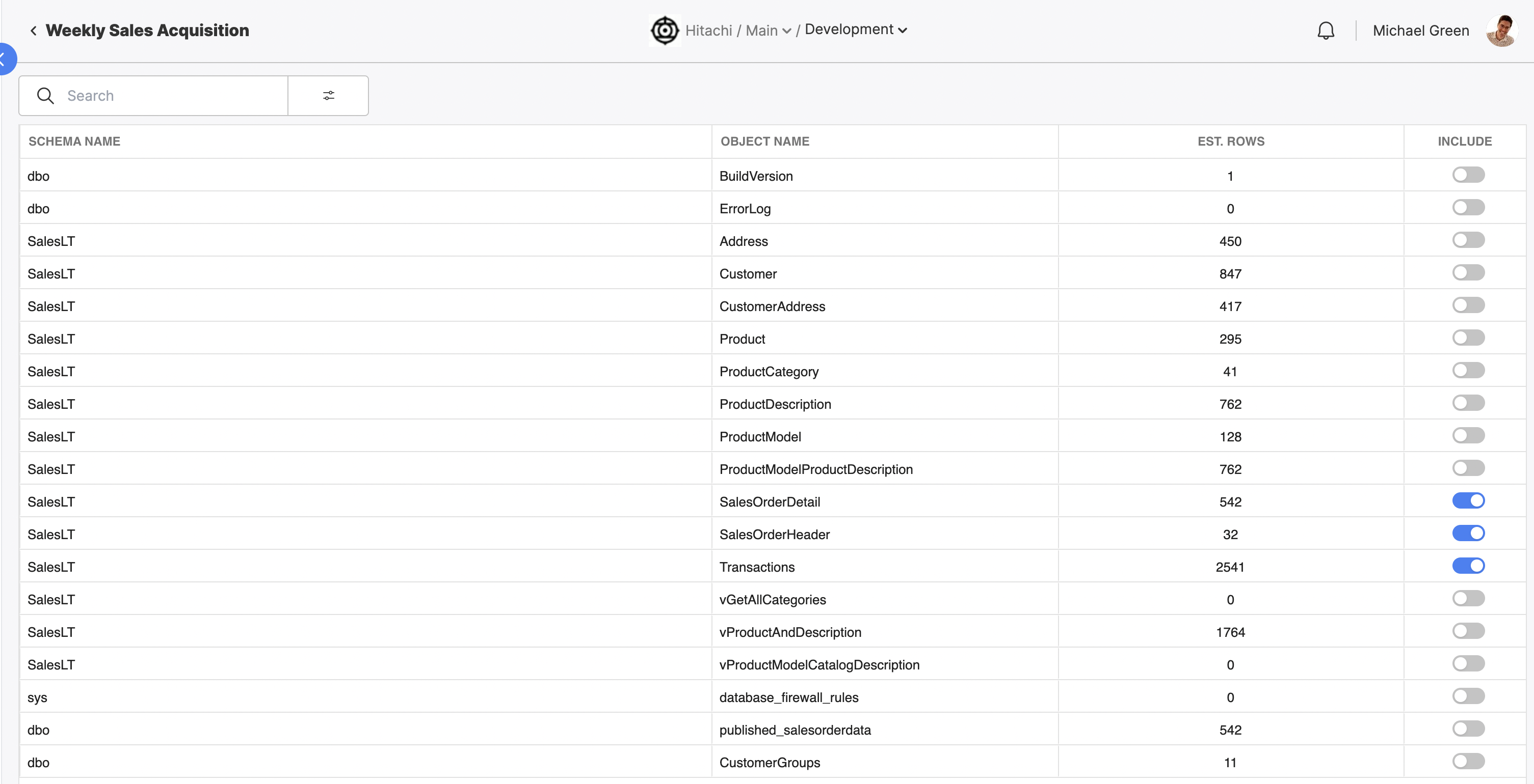 The configuration page for the Weekly Sales Acquisition flow.