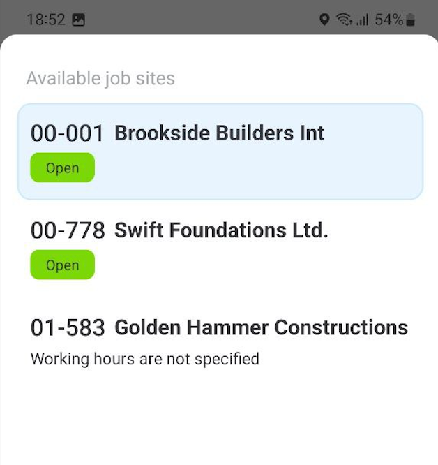 All the job sites are available for selection when Geofence lock is off